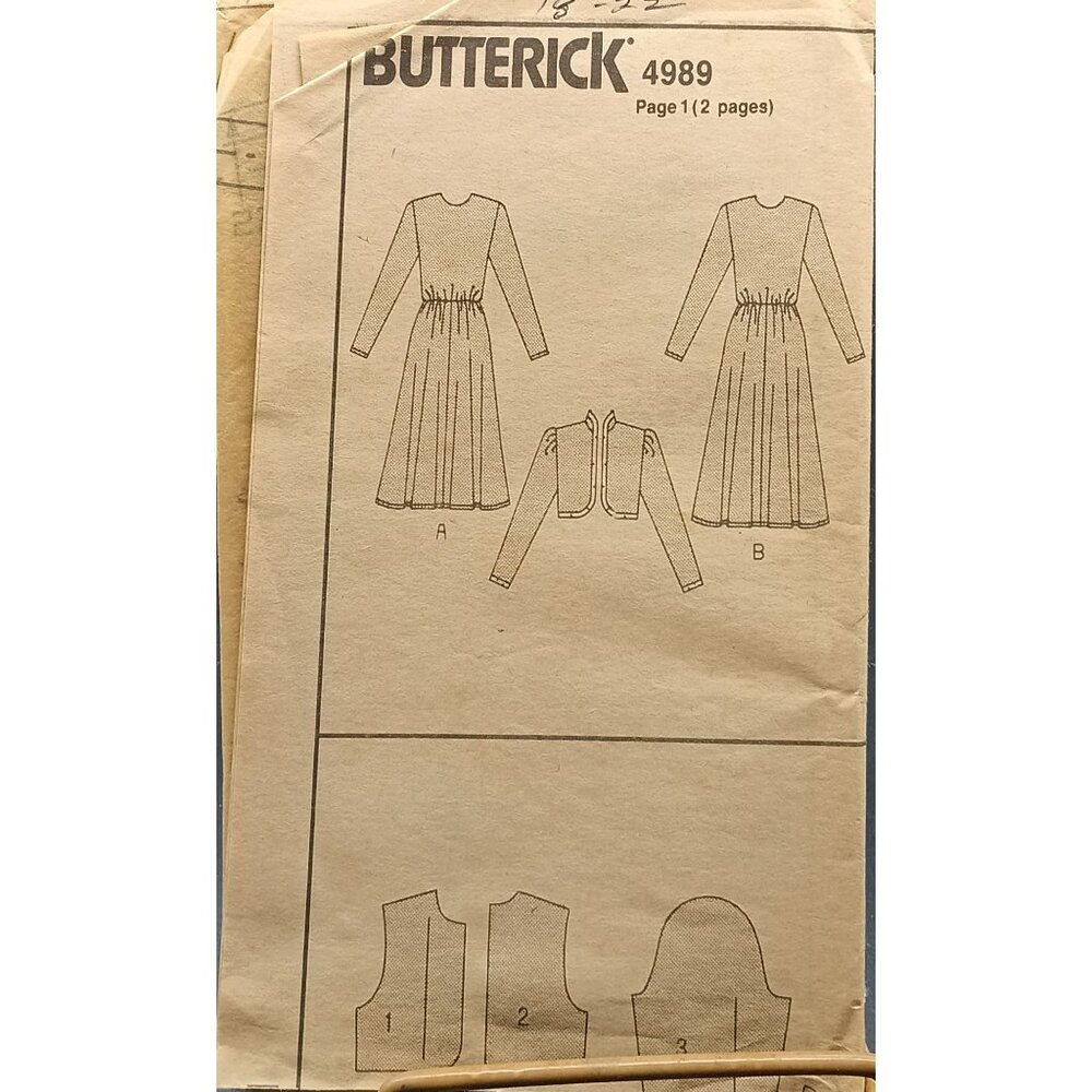 Vintage Butterick 4989 Sewing Pattern Dress & Jacket 1980s Misses Sizes 18-22